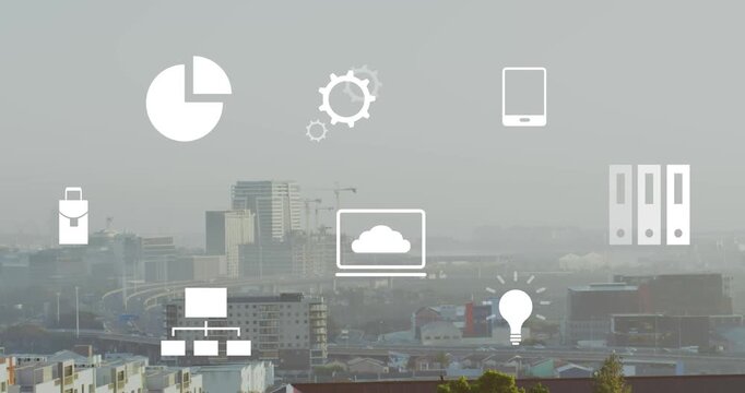 Animation of multiple icons over modern cityscape against clear sky