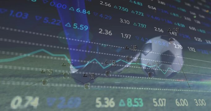 Animation of financial data processing over football player kicking ball