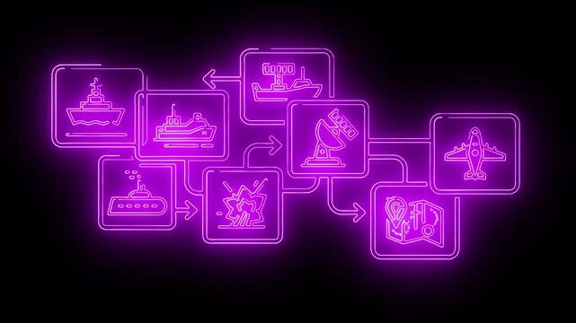 Neon-lit flowchart diagram with glowing purple icons and arrows on a black background, conveying a futuristic and technological mood with a cinematic lighting effect.