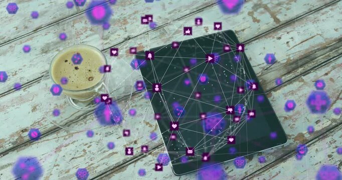 Animation of icons and connected icons forming globe over coffee and digital tablet on table