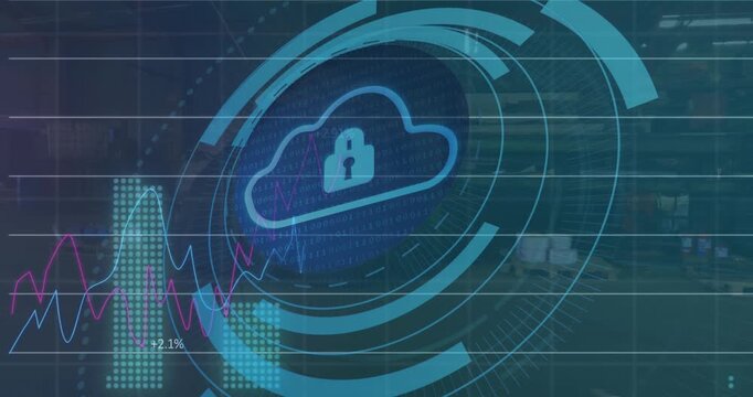 Animation of padlock, binary codes, cloud in loading circles with graphs over warehouse