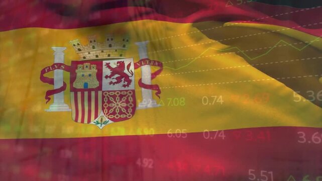 Animation of financial data processing over flag of spain