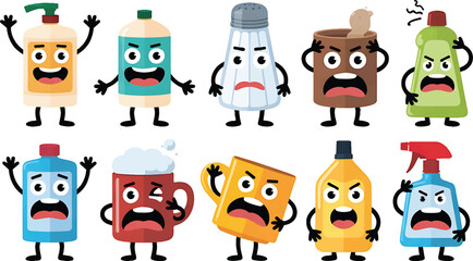 Obraz premium Group of ten angry and distressed cleaning supply and seasoning bottles displaying aggressive facial expressions and wide open mouths against white.