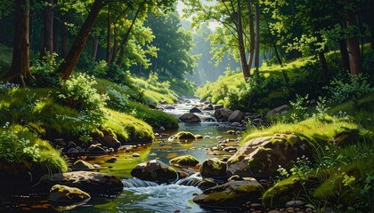 Obraz premium Sunlit forest stream with mossy rocks and lush greenery in tranquil nature scene