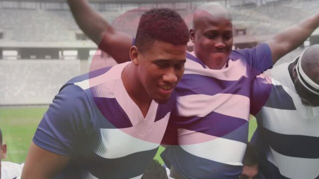 Huddling together, rugby players in striped jerseys on sports field for animation