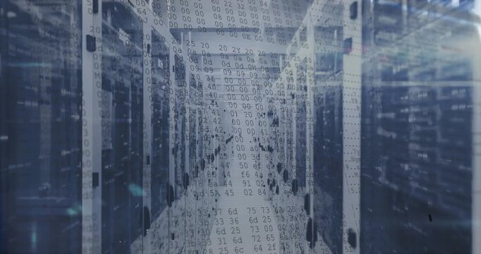 Data center corridor showing glowing server racks and floating code overlay in flat design