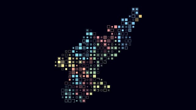 Dem. Rep. Korea map animation. Shape of the country with pulsating colored dots. Large size square blocks. Digital style Dem. Rep. Korea map on dark background. Abstract video.
