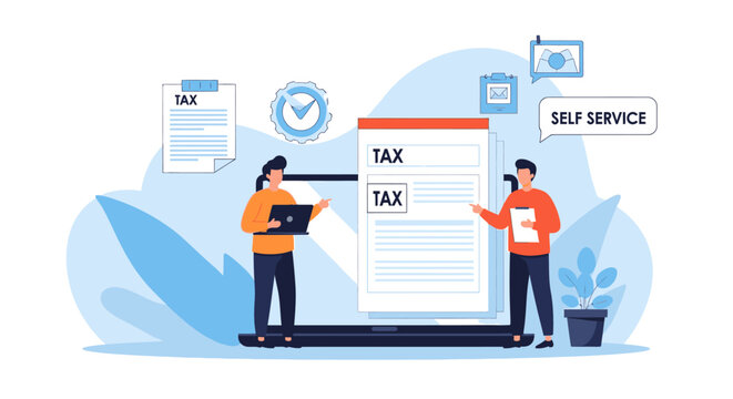 Two people standing beside a large laptop displaying a tax form with speech bubbles on a white background with blue shapes.