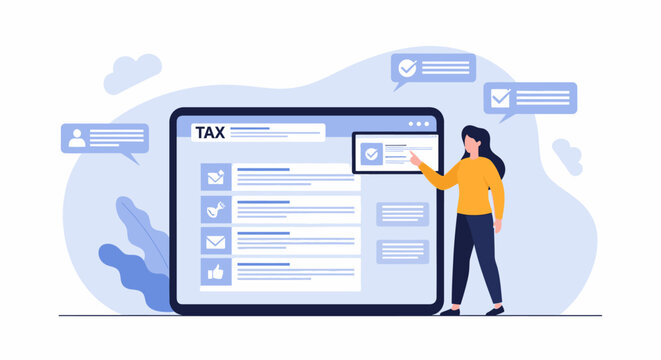 Illustration of a woman pointing at a large computer screen displaying a tax form with various icons and speech bubbles around her on a blue background.