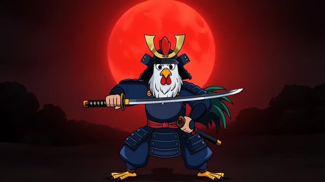 Samurai Chicken Cartoon Character with Katana and Red Moon