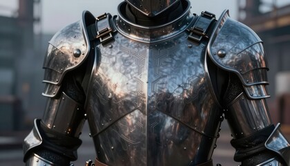 Naklejka premium Futuristic battle armor suit with metallic texture and sci-fi warrior design in dramatic lighting