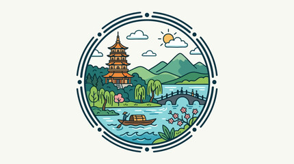 Naklejka premium Scenic Chinese Landscape in a Circle Design