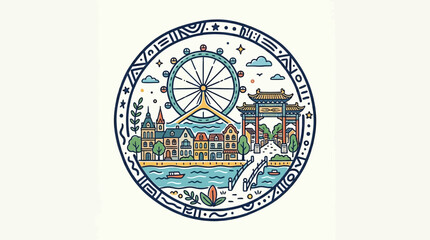 Obraz premium Stylized Cityscape with Ferris Wheel in a Circular Frame