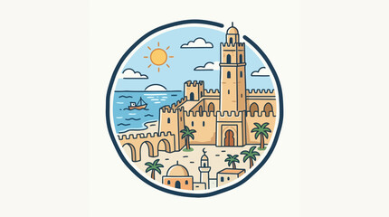 Naklejka premium Coastal Cityscape Cartoon in a Blue Circle