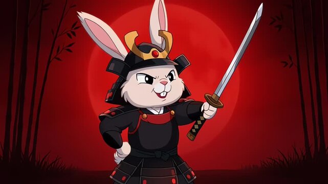 Cartoon Samurai Rabbit Drawing Katana Sword against Red Sun