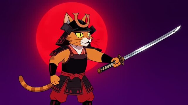 Brave Samurai Cat Unsheathing Katana Against a Glowing Red Sun