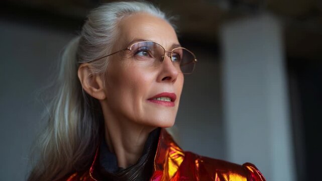 Elegant Woman in Shiny Orange Outfit and Glasses, Exuding Confidence and Grace with Silver Hair, Posing Against a Softly Lit Background