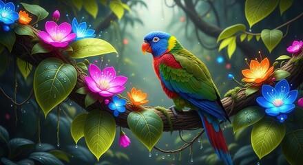 Fototapeta premium A vibrant parrot perched on a branch surrounded by colorful flowers and lush greenery in a serene natural setting.