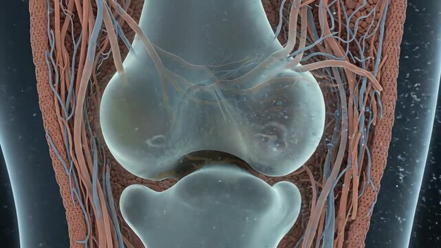 View of the joint&rsquo;s connective tissues, showing subtle swelling represented by warm gradients. Anti-inflammatory medications spread through interstitial spaces