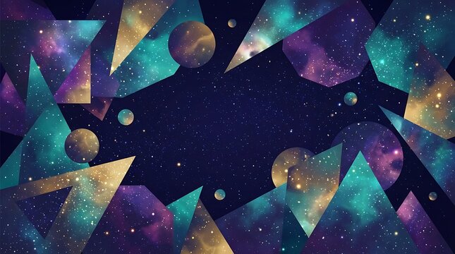 Geometric Abstract Space Background with Nebula Shards and Planets