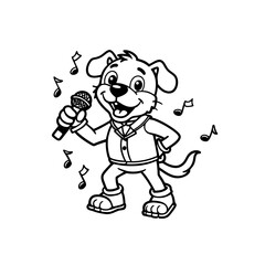 Obraz premium A cartoon dog wearing a vest and boots, happily singing into a microphone with musical notes floating around, black and white line art.