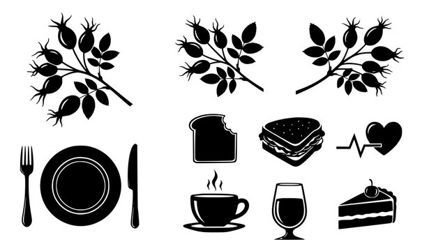 Food and Dining Icon Set with Bread, Sandwich, Coffee Cup, Wine Glass, Cake Slice, Cutlery, and Botanical Elements for Restaurant and Organic Lifestyle Design