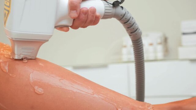 Specialist drives laser hair removal device on woman leg for smooth hair less skin.