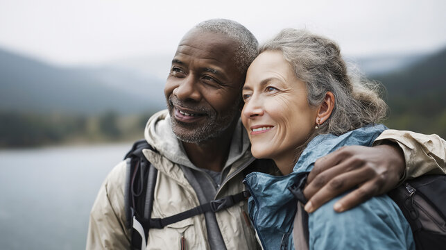 Joyful Multiracial Senior Couple Hiking with Arms Around Each Other