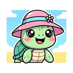 Obraz premium Cute cartoon turtle wearing a pink hat on the beach.