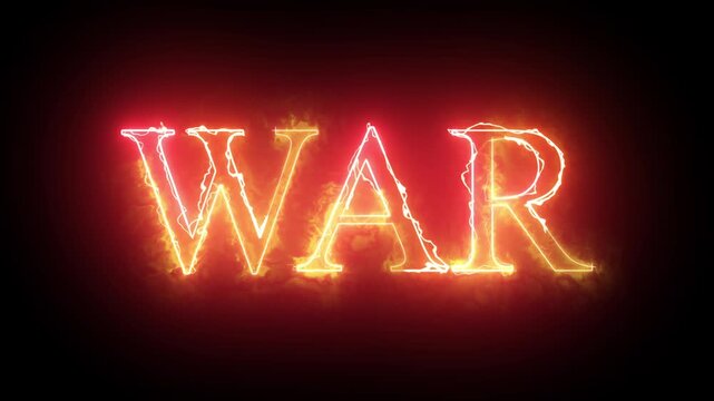 A dramatic video showcasing a neon sign with the word 'war' in bold letters against a dark background