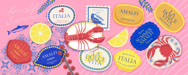 Italian summer stickers on Mediterranean tiles and lemons. Italy seafood element set for retro posters, cards and coastal designs. Italian text translation: Sweet life, Summer in Italy on Amalfi Coast