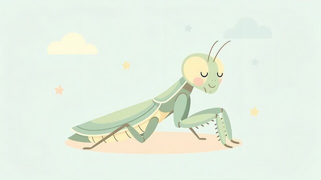 Cute Praying Mantis Cartoon Character Animation on a Light Green Background.