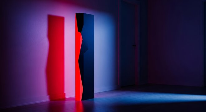 A dark vertical shape stands motionless in a dim apartment hallway, surrounded by long shadows and a palpable atmosphere of quiet isolation, silhouette, evocative, residence