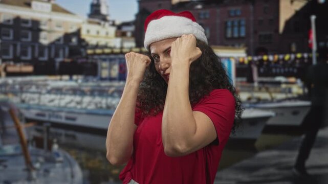Young hispanic woman with fists raised and wearing santa hat beside boat at seaside port; determination.