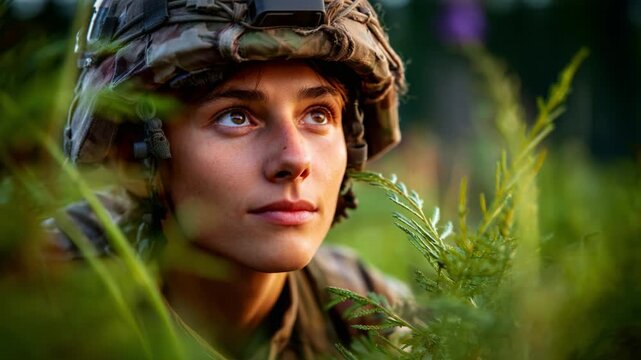 A young soldier thoughtfully observes her surroundings while camouflaged in a field, showcasing the intensity and focus required in military operations and training.