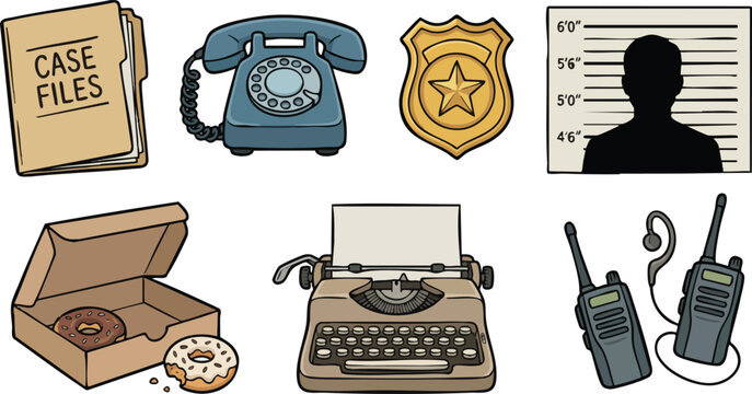 Police and Detective Investigation Icons Set on White Background.
