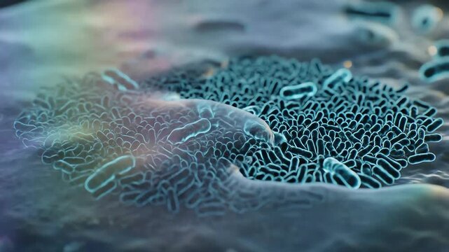A bacterial colony in early division, with cells glowing as they stretch to replicate. Penicillin spreads through the environment, causing the division signals to flicker and weaken
