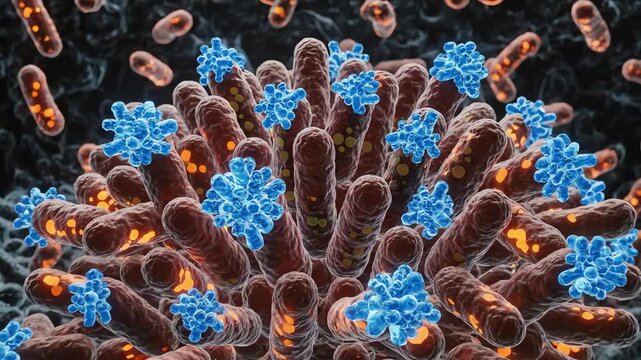 Penicillin molecules moving through intercellular bacterial clusters, blocking cell-wall construction in multiple cells simultaneously. Bright metabolic pulses within the bacteria slow 