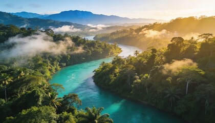 Obraz premium Aerial view of a winding turquoise river flowing through a lush, green forest with misty mountains in the background at sunrise
