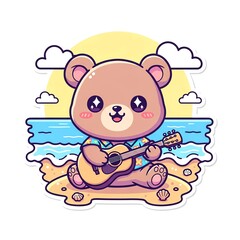 Obraz premium Cute Bear Playing Guitar on Beach.