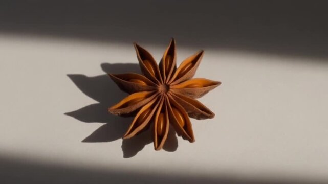 Close-up video of star anise slowly rotating under a spotlight, shadows gliding across its geometric shape, vibrant brown and amber hues