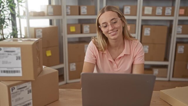 Woman typing on laptop amid stacked cardboard boxes and metal shelving in a warehouse, wearing glasses and a pink polo shirt; focused productivity.