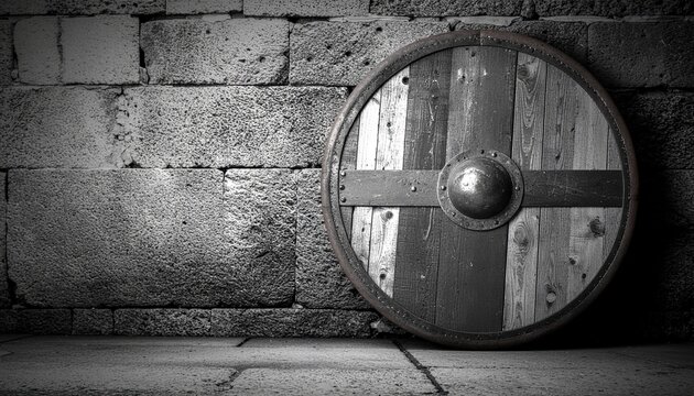 Viking Round Shield Leaning Against Stone Wall in Grayscale
