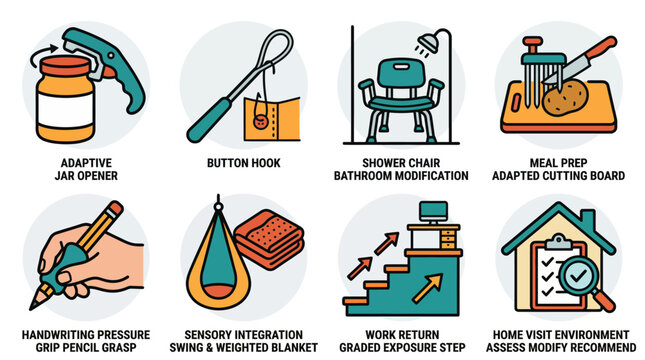 Occupational Therapy Adaptive Equipment and Rehabilitation Icons Set