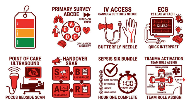 Emergency Medicine Protocols and Medical Procedure Infographic Icons Set