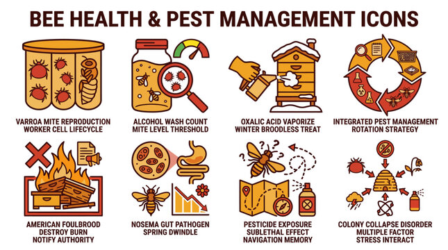 Bee Health and Pest Management Beekeeping Icon Set