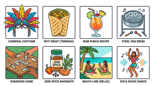 Caribbean Culture and Lifestyle Icons Vector Illustration Set