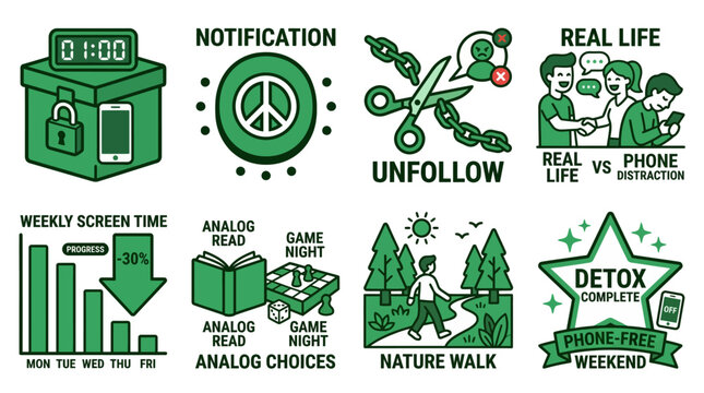 Digital detox icons for reducing screen time and social media