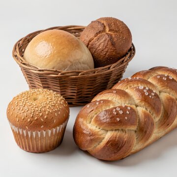 Assorted Fresh Breads in Basket with Muffin and Braided Loaf on White Background