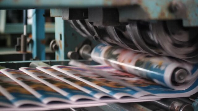 High-speed industrial printing press machine actively producing stacks of glossy magazines or brochures in a factory setting, showcasing modern publication production and automated manufacturing